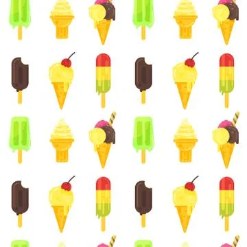 Vector flat style colorful seamless pattern with various kinds of ice cream. Stock Illustration