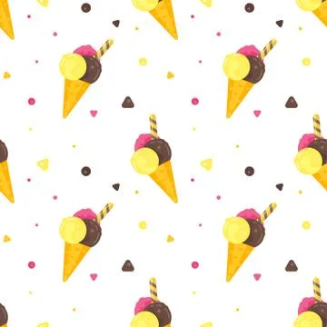 Vector flat style colorful seamless pattern with various kinds of ice cream. Illustrazione stock