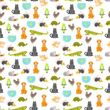 Vector flat style colorful seamless pattern with home pet. Stock Illustration