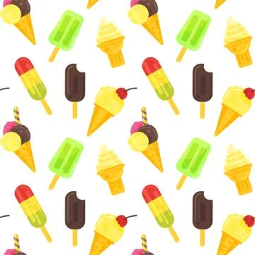 Vector flat style colorful seamless pattern with various kinds of ice cream. Stock Illustration