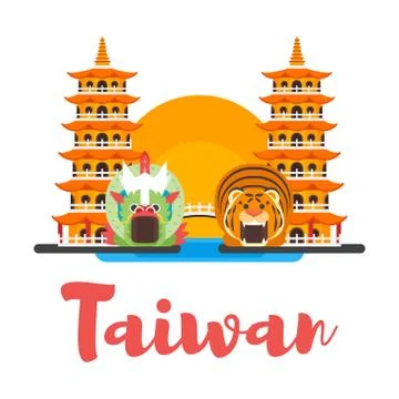 Vector flat style composition of Taiwan cultural symbols. Stock Illustration