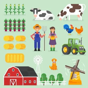 Vector flat style farming set. Farmers, cows and chickens. Stock Illustration