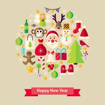 Vector Flat Style Happy New Year Objects Concept Stock Illustration