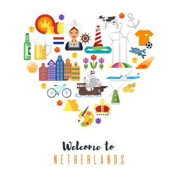 Vector flat style heart shape composition of Netherlands national cultural sy Stock Illustration
