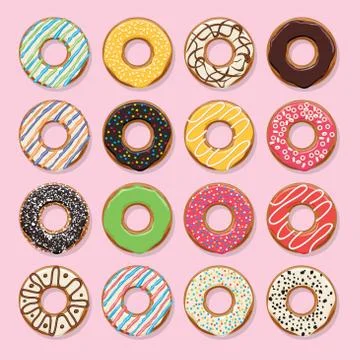 Vector flat style icons of glazed colorful donuts Illustrazione stock