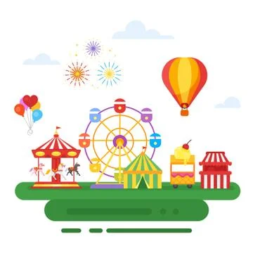 Vector flat style illustration of amusement park for kids. Stock Illustration