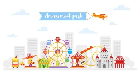 Vector flat style illustration of amusement park for kids. Stock Illustration