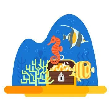 Vector flat style illustration of aquarium with corals. Stock Illustration
