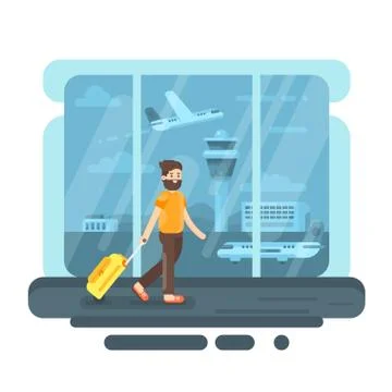 Vector flat style illustration of bearded man with bag in airport. Stock Illustration