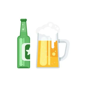 Vector flat style illustration of beer bottle and beer glass. Stock Illustration