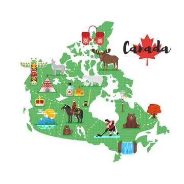 Vector flat style illustration of Canadian map with Canadian national cultura Stock Illustration