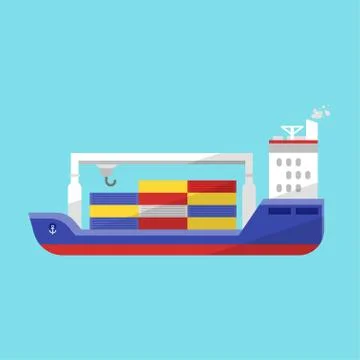 Vector flat style illustration of cargo ship. Stock Illustration