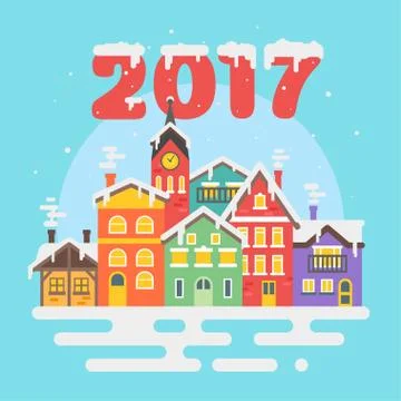 Vector flat style illustration of christmas winter city. Stock Illustration