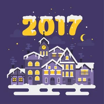 Vector flat style illustration of christmas winter night city. Stock Illustration