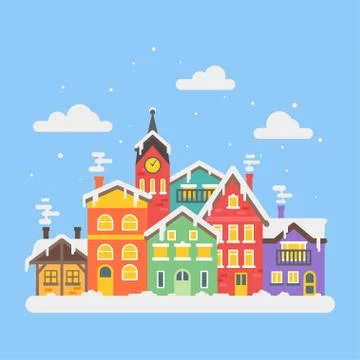 Vector flat style illustration of christmas winter city Stock Illustration