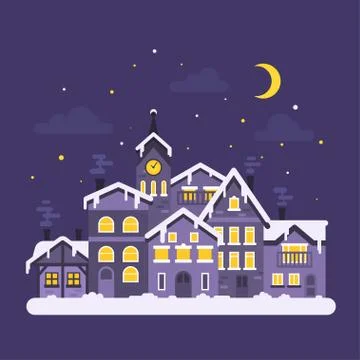 Vector flat style illustration of christmas winter night city. Stock Illustration