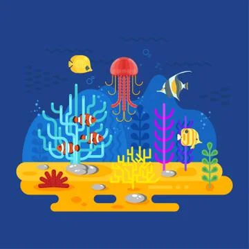Vector flat style illustration of coral reef with fish. Stock Illustration
