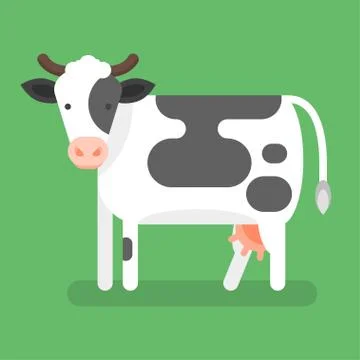 Vector flat style illustration of cow. Isolated on green background. Stock Illustration