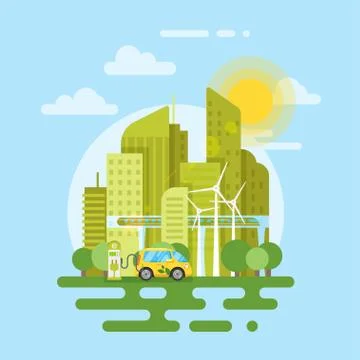 Vector flat style illustration of electric car in the city. Stock Illustration