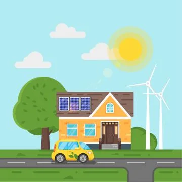Vector flat style illustration of electric car and house with solar panels. Illustrazione stock