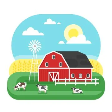 Vector flat style illustration of farm with cows. Stock Illustration