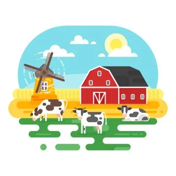 Vector flat style illustration of farm with cows. Stock Illustration