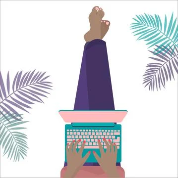 Vector flat style illustration. Freelance woman working at home office using Stock Illustration