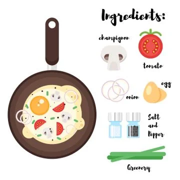 Vector flat style illustration of frying pan with scrambled eggs. Stock Illustration