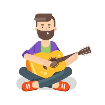 Vector flat style illustration of happy man with guitar. Stock Illustration