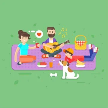 Vector flat style illustration of happy family picnic in the park with guitar Stock Illustration