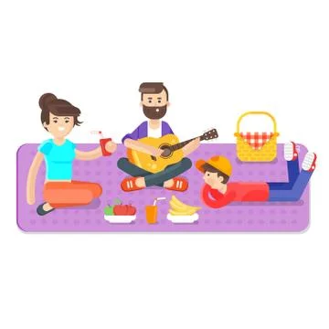 Vector flat style illustration of happy family picnic in the park with guitar Stock Illustration