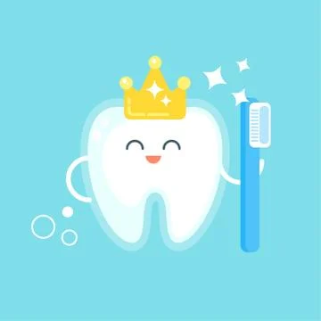 Vector flat style illustration of happy tooth with crown. Illustrazione stock