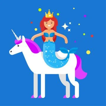 Vector flat style illustration of happy cute mermaid on unicorn. Stock Illustration