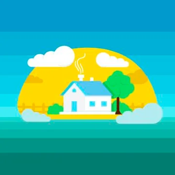 Vector flat style illustration of house in sun weather with trees and clouds Stock Illustration