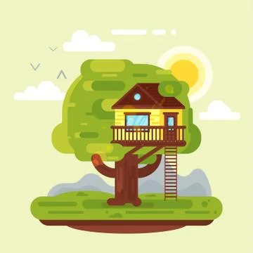 Vector flat style illustration of house on tree. Stock Illustration