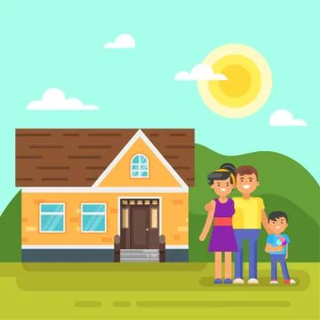 Vector flat style illustration of house with happy family. Stock Illustration