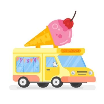 Vector flat style illustration of ice cream colorful car with big ice cream o Stock Illustration