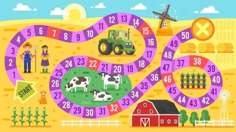 Vector flat style illustration of kids farm board game template. Stock Illustration