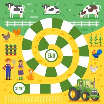 Vector flat style illustration of kids farm board game template. Stock Illustration