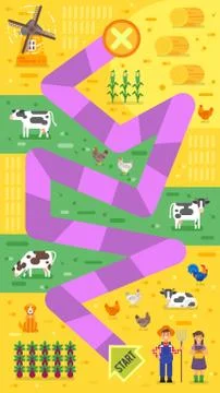 Vector flat style illustration of kids farm board game template. Illustrazione stock