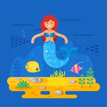 Vector flat style illustration of mermaid, coral reef, fish and sea life Illustrazione stock