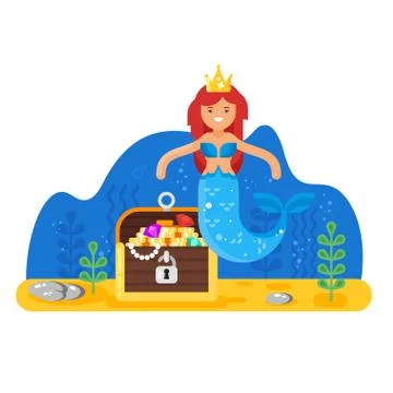 Vector flat style illustration of mermaid near the treasure chest deep in the Stock Illustration