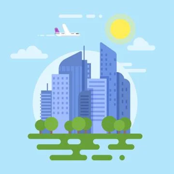 Vector flat style illustration of modern city. Plane and buildings. Stock Illustration
