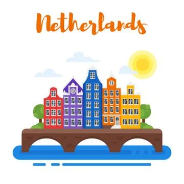 Vector flat style illustration of Netherlands traditional houses. Stock Illustration