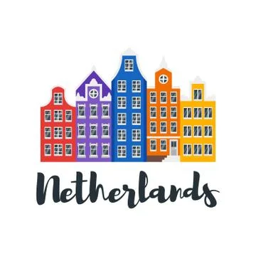 Vector flat style illustration of Netherlands traditional houses. Stock Illustration