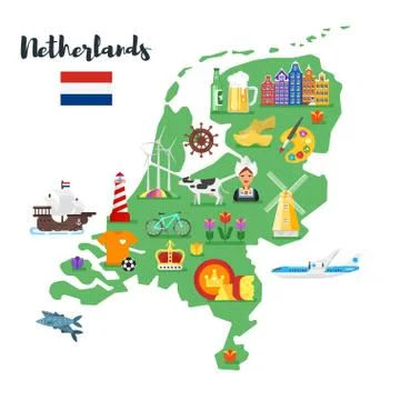 Vector flat style illustration of Netherlands map with Holland national cultu Stock Illustration