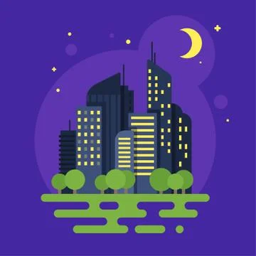 Vector flat style illustration of night city. Moon and buildings. Stock Illustration