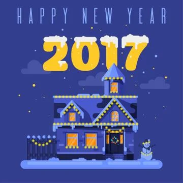 Vector flat style illustration of night winter holiday house. Stock Illustration