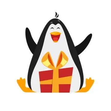 Vector flat style illustration of penguin with gift. Stock Illustration