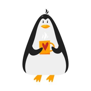 Vector flat style illustration of penguin with cup of coffee Stock Illustration
